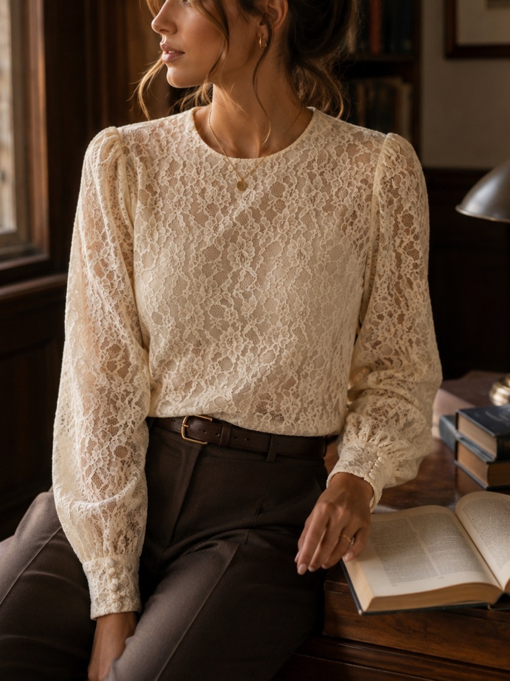 Vintage Notations Cream Satin Lace Puff-Sleeve Blouse Romantic Classic Timeless